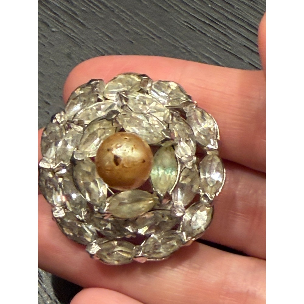 Vintage KRAMER of New York Silver Tone Rhinestone Round Dome Brooch Pin